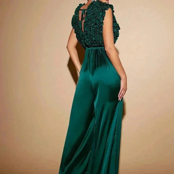 Green Party Women's Plunging Neck Ruffle Wide Leg Jumpsuit - Picture 3 of 6